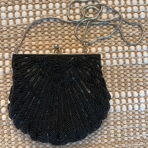 La Regale Black Beaded Small Vintage Evening Bag Purse Clam Shell Design